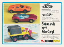 Reklam för leksaksbilar från Corgi Toys med bl.a. två bilar från Mercedes-Benz