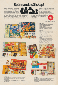 Annons från Alga som visar upp sex stycken olika brädspel, med klassiker som Cluedo och Monopol