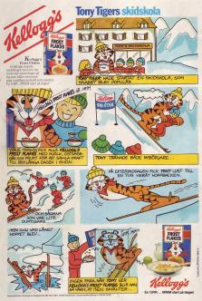 Reklam för Kelloggs Frosties frukostflingor. En seriestrip med Tony Tiger som hoppar backhoppning och råkar hamnar i en isvak.