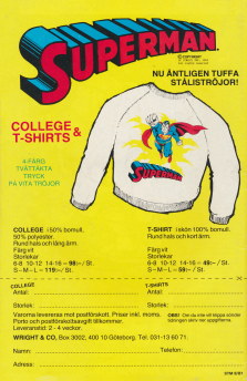 Reklam från Wright & Co som säljer tröjor med tryck från DC Comics på