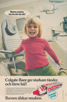 Reklam för Colgate tandkräm där ett barn är hos tandläkaren och stolt berättar att det inte var några hål i tänderna
