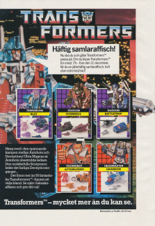 Reklam för de Transformers där 5 nya leksaker i serien presenteras, samt ett erbjudande om att få en samlaraffisch om man köper någon av leksakerna före årsskiftet
