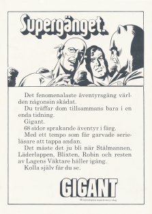 Reklam för serietidningen Gigant, fylld med serier om superhjältar