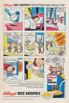 Annons för Kellogg's Rice Crispies med en seriestripp om Sussi som väcks till ljudet av Rice Crispies