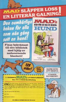 Reklam för Svenska MADs pocket "Mad's råd för att bli en duktig hund" som man kan skicka efter för 19:50