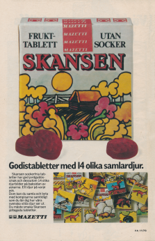 Reklam för tablettasken Skansen med en bild på asken, godiset samt de samlarbilder som medföljer i asken