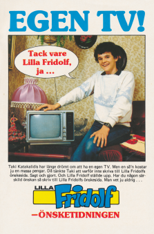 Reklam för Önskeklubben i tidningen Lilla Fridolf där Taki Katakalidis har fått en TV
