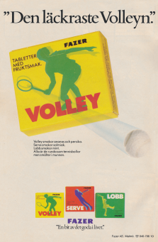 Annons för Fazers tablettaskar Volley, Serve och Lobb från 1983
