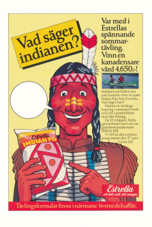 Reklam för en tävling där man ska skriva vad en indian säger om Estrellas Indian Pop