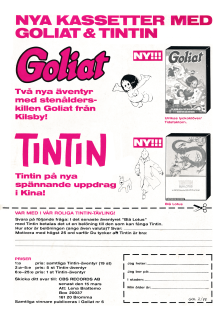 Reklam för en tävling med Tintin och Goliat där man kan vinna kassetter med berättelser på