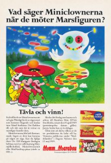 Tävlingsreklam från Marabou där man ska berätta vad mini-clownerna säger när de möter en rymdfigur