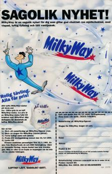 Målad illustration av en klämkäck man som på ett magiskt vis flyger bredvid produkter prydda med loggan av chokladbiten Milky Way
