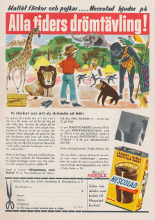 Reklam för Nescolad som visar upp en illustration med en pojke i Afrika, med en del afrikanska djur