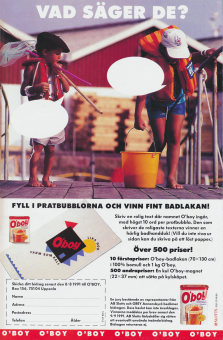 Reklam för en tävlingsannons för chokladdrycken O'boy. Två småkillar går på en brygga med krabbfiskeprylar.