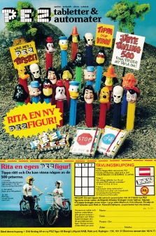 Reklam för godiset PEZ med en mängd PEZ-automater på en illlustrerande bild