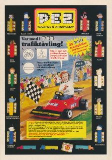 Reklam för en annons för Pez, där man kan vinna Pez och trampbilar