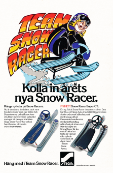 Reklam för Stigas Snow Racer där produkten visas upp i två olika versioner