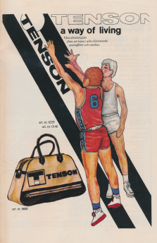 Tecknad reklam för Tenson sportkläder och sportväskor