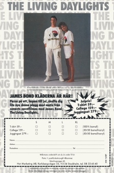 Annons för träningskläder eller myskläder med tryck från James Bond-filmen Tid för hämnd