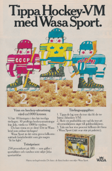 Reklam för en tävling med Wasa knäckebröd om att tippa vinnarna i hockey-VM 1977