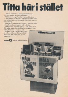 Reklam för ett ställ med målar- och pysselböcker som Williams förlag ger ut