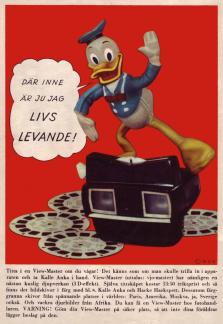 Reklam för View-Master i samarbete med Walt Disney Productions eftersom en docka med Kalle Anka är med i annonsen