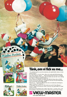 Reklam för View-Master och skivor med bland andra Kalle Anka och Pluto
