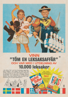 Reklam för en tävling med varumärkena Kalaspuffar och Fras-kuddar där man kan vinna leksaker för 10000 kronor