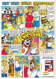 Annons för Kelloggs Frost Flakes i serieformat där maskoten Tony Tiger spelar volleyboll på stranden