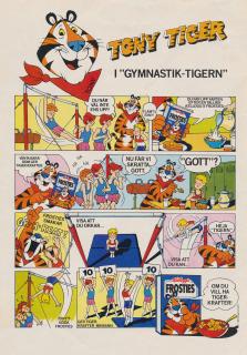 Reklam i serieformat med Tony Tiger sommedhjälpare i gymnastiken