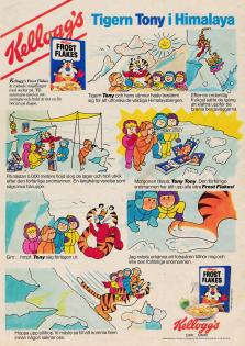 Reklam i serieformat för produkten Frost Flakes från Kelloggs där Tony Tiger befinner sig i Himalaya