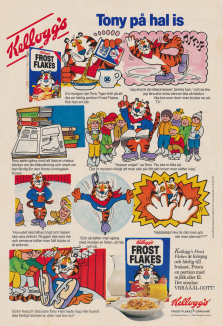 Annons för flingsorten Frost flakes där maskoten Tony Tiger åker skridskor med ett gäng barn
