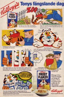 Reklam för Kellogg's Frost Flakes med en seriestrip där Tony Tiger möter en speciell pepparfågel