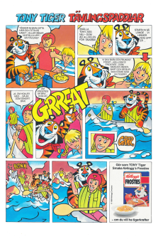 Reklam i serieformat med Tony Tiger som paddlar kanot och ropar Grreat!