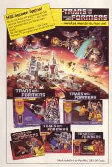 Reklam för leksaken Transformers, som visar upp flera förpackningar och en actionladdad bild överst