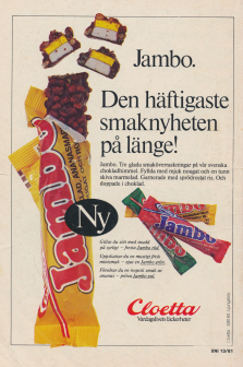 Reklam för chokladbiten Jambo, där man får se de tre olika varianterna som den består av och deras förpackningar