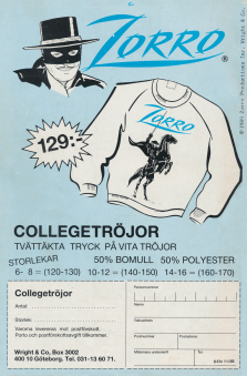 Reklam för tröjor med tryck på, denna gång är det hjälten Zorro
