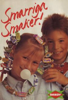 Reklam för tuggummin från Dandy, som illustreras av en kille och en tjej som har tuggummin i håret