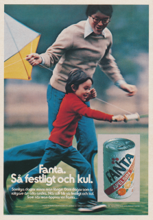 Reklam för drycken Fanta med en man och en pojke som springer med en flygande drake i handen