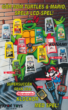 Reklam för LCD-spel från Teenage Mutan Hero Turtles och Nintendo-figurer