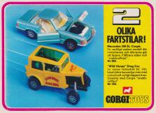 Reklam för två leksaksbilar från Corgi Toys - Mercedes 350 SL Coupé och "Wild Honey" drag car