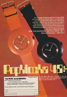 Reklam för popklocka, ett franskt armbandsur som ser verkligt poppigt ut och som man kan beställa via postorder