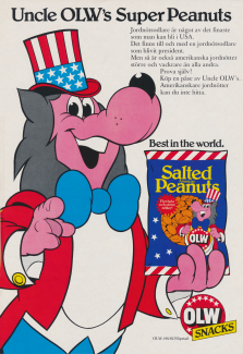 Reklam för jordnötter från OLW där varg-maskoten Ulven håller upp en påse jordnötter