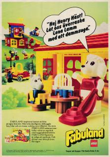 Reklam för Lego Fabuland med en bild på några av produkterna, uppbyggda i ett landskap