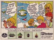Reklam i serieform som uppmanar att mata fåglarna under vintern - och lösningen är en fågelmatare från Perstorp HammarPlast