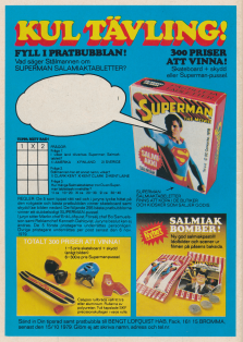 Tävlingsreklam där man kan vinna skateboard och godis med Stålmannen på