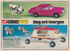 Reklam för två nya modeller från Corgi Toys - en Bentley och en Lunar bug