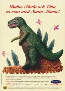 Reklam för bakprodukter från Santa Maria. Bilden visar ett bakverk i formen av en dinosaurie med strössel på.