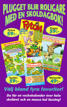 Reklam för fyra olika skoldagböcker med innehåll från bland annat Teenage Mutant Ninja Turtles och Nintendo