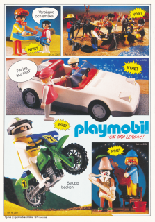 Annons för leksaker från Playmobil med bland annat en bil och en motorcykel